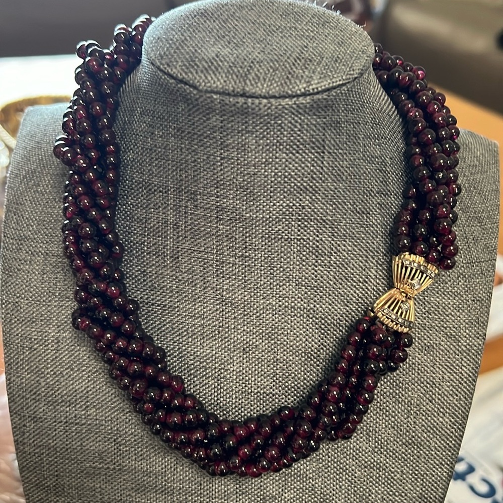 Garnet beaded choker necklace with 14 karat gold diamond clasp